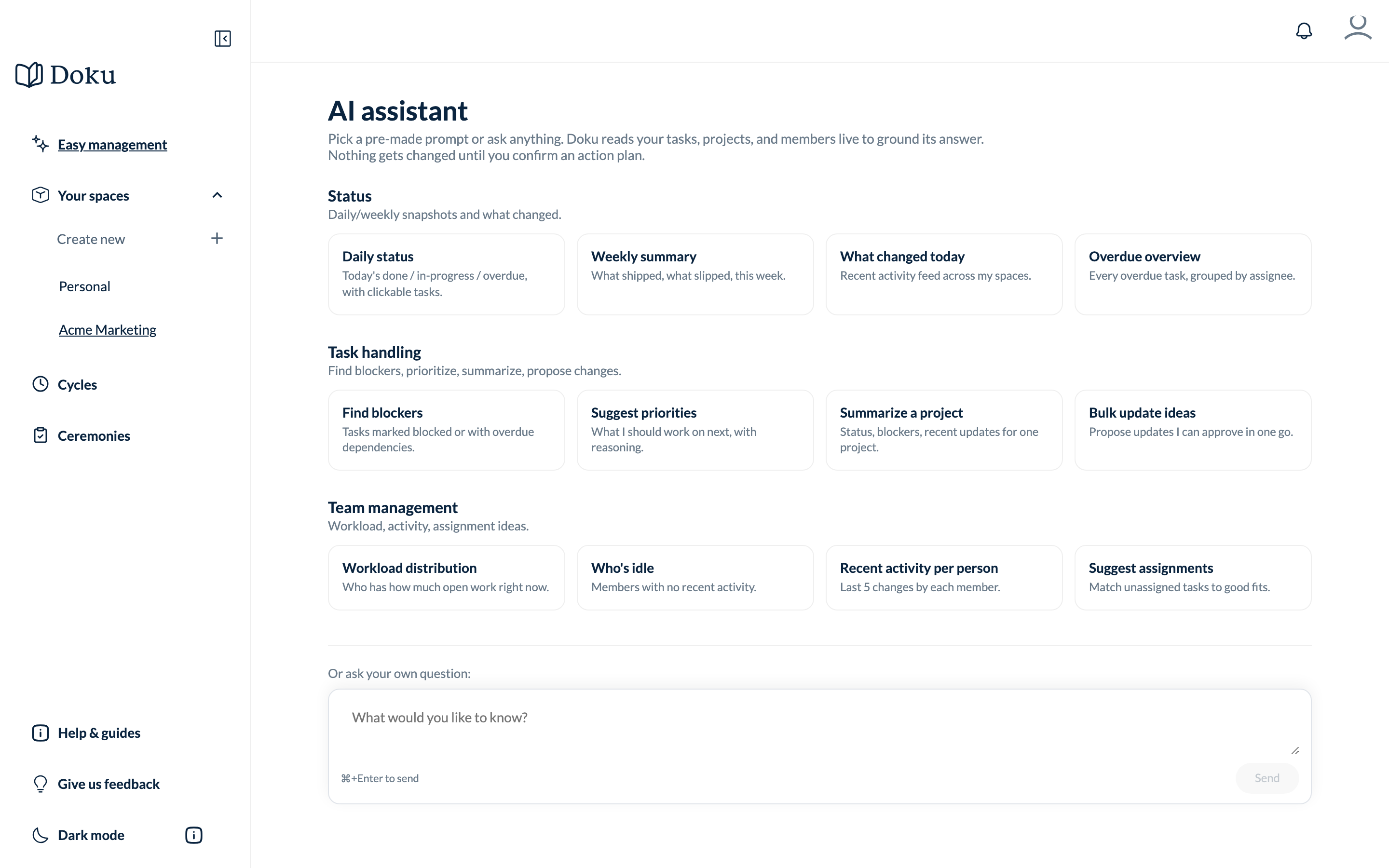 AI chat screen with suggested prompt chips and an input box