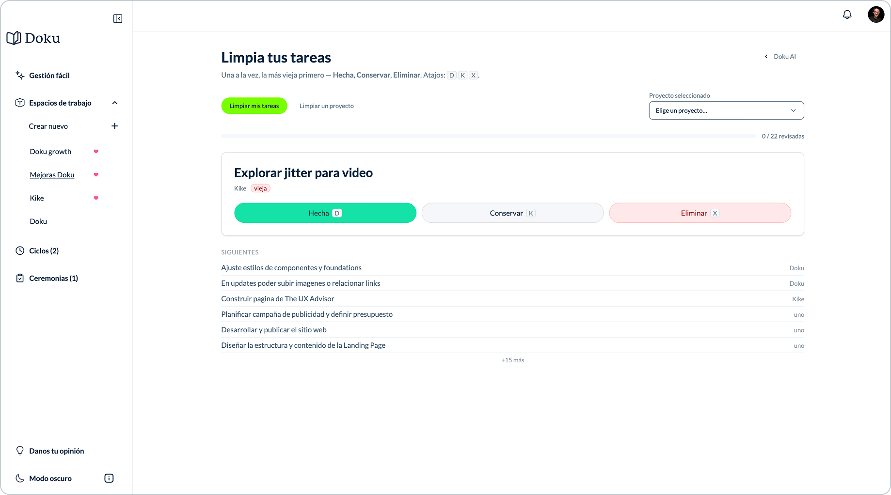 Asistente de IA de Doku con prompts listos para estado, tareas y equipo